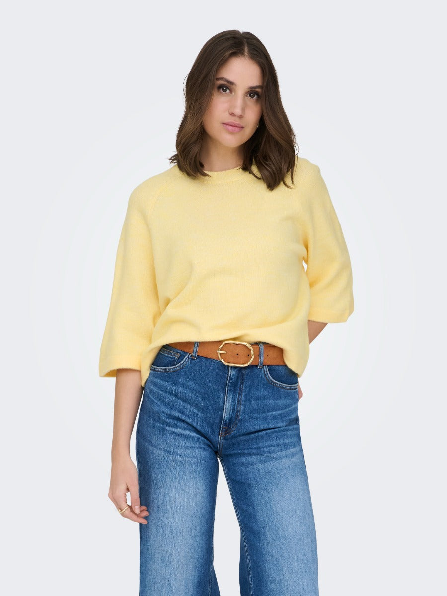 ONLY Simoni 3/4 Sleeve Sweater by Only in soft yellow paired with blue denim jeans and brown belt