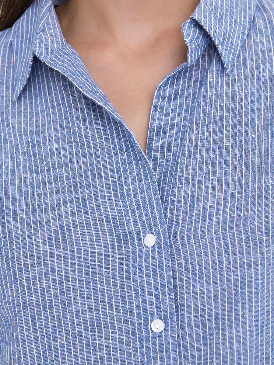 Close-up of blue and white striped Jacqueline De Yong Linen Blend Button Shirt by Jacqueline De Yong with white buttons and collar detail.