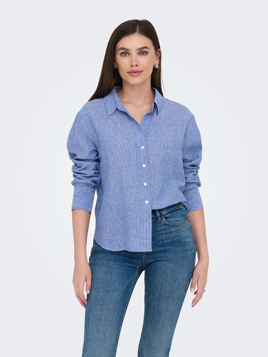 Light blue striped Jacqueline De Yong Linen Blend Button Shirt paired with blue denim jeans by Jacqueline De Yong.