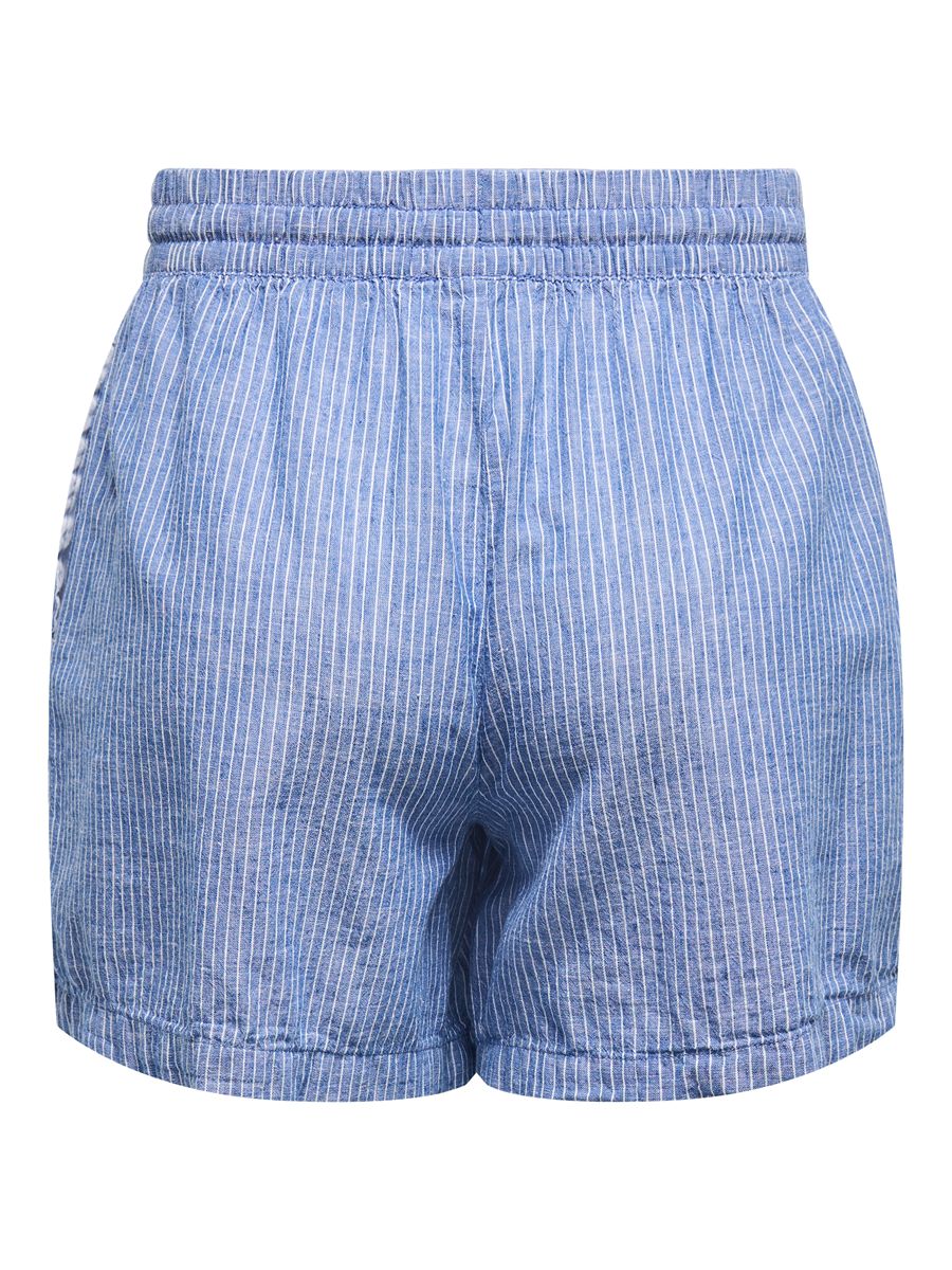 Blue striped linen shorts with an elastic waistband, styled by Jacqueline De Yong Linen Shorts.
