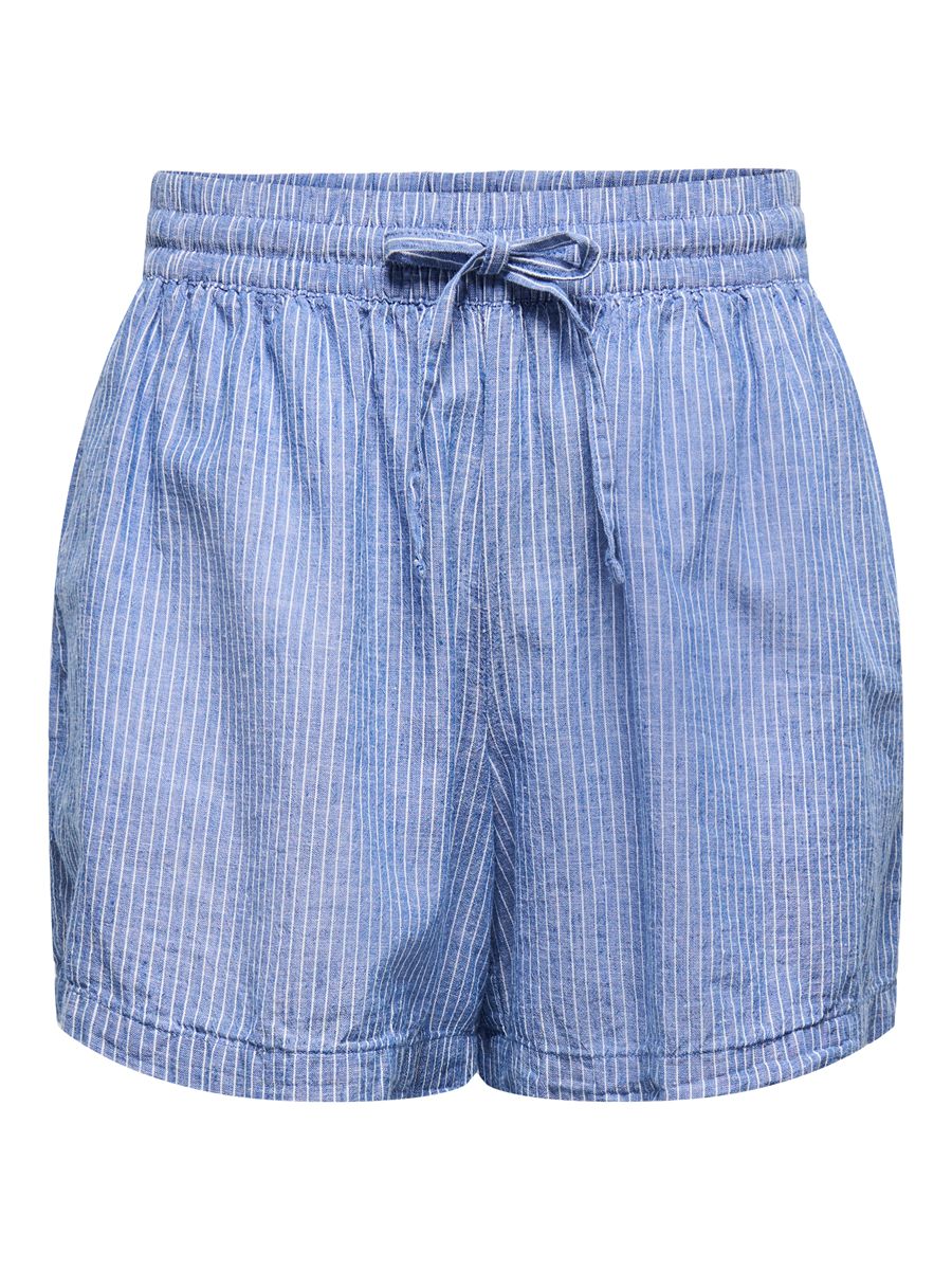 Jacqueline De Yong Linen Shorts in light blue with white stripes, elastic waistband, and drawstring by Jacqueline De Yong.