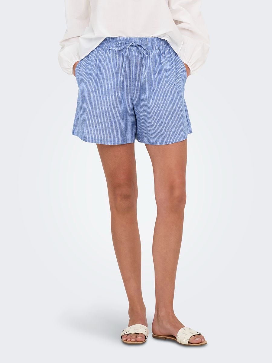 Jacqueline De Yong Linen Shorts in blue striped linen fabric with drawstring waist and side pockets by Jacqueline De Yong.