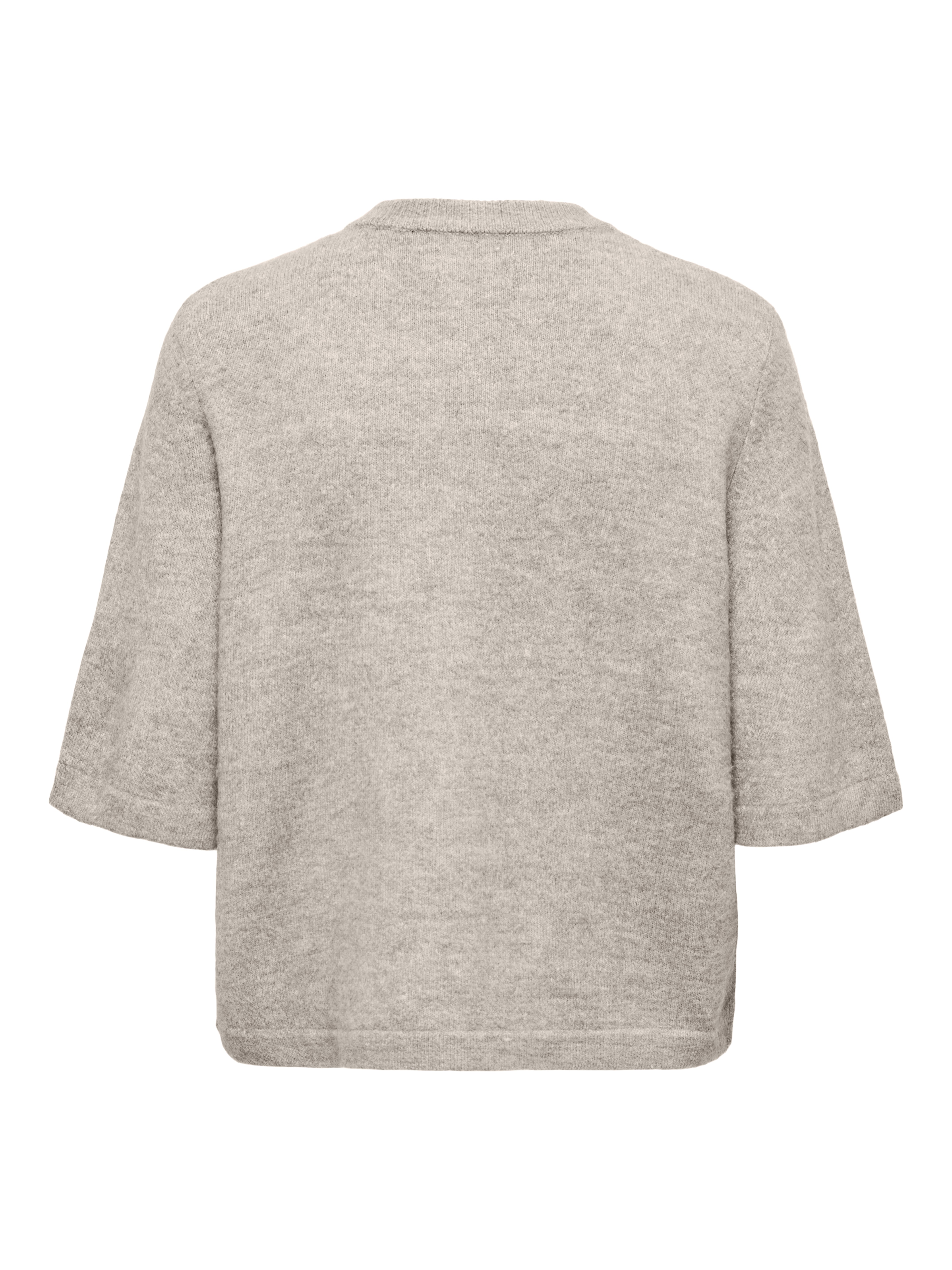 Gray short-sleeve knitted sweater shown from the back with a simple round neckline and relaxed fit