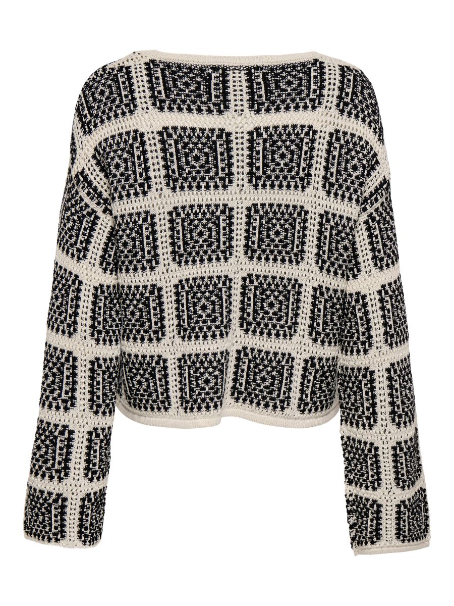 ONLY Loa Crochet Tie Front Cardigan by Only in beige with black square pattern, knit sweater outerwear top.