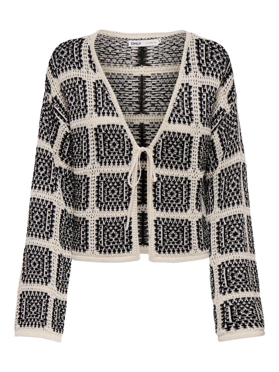 ONLY Loa Crochet Tie Front Cardigan by Only, black and beige patterned crochet knit sweater with front tie closure.