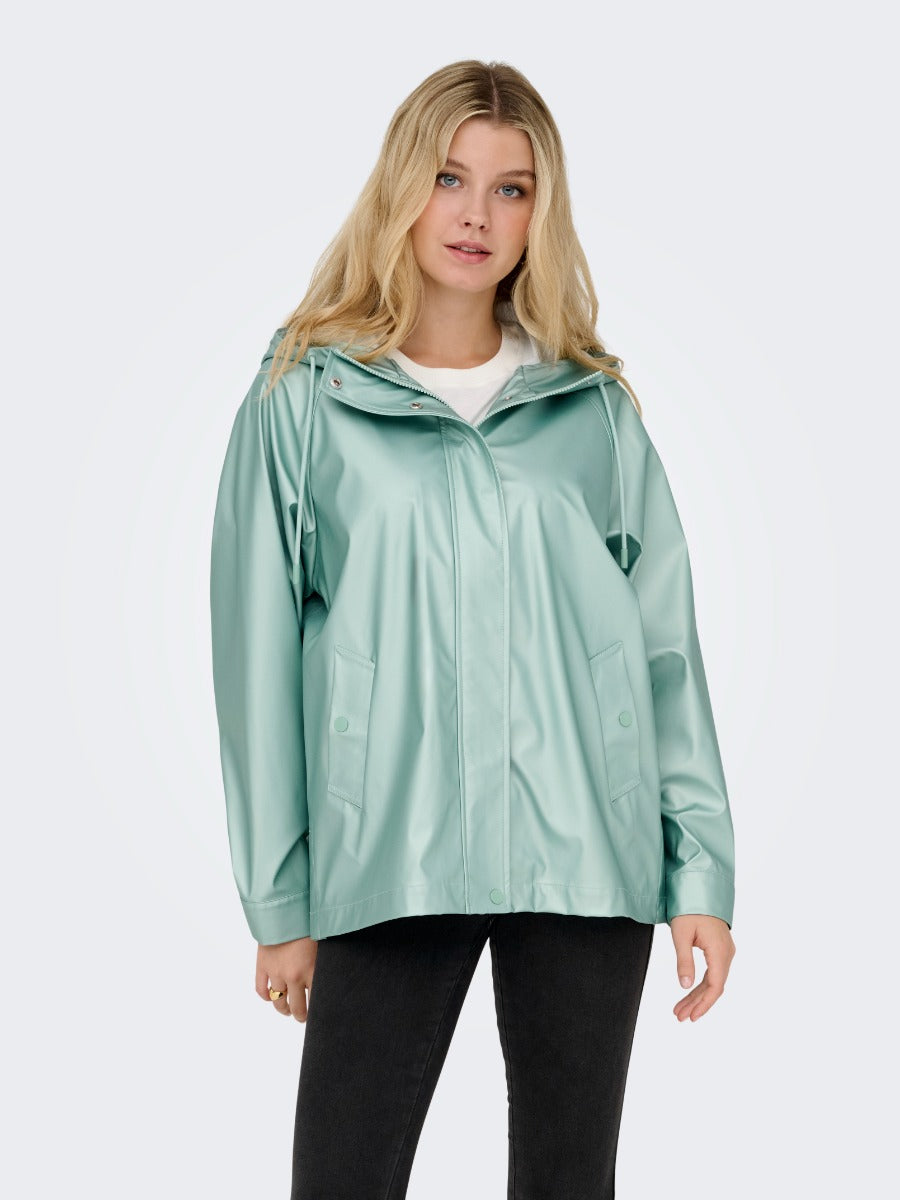Light green ONLY Leben Shiny Hooded Rain Jacket by Only, a sleek outerwear jacket with front pockets and hood.