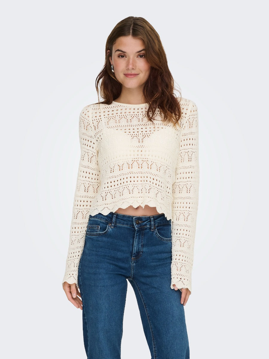 ONLY Leike Crochet Sleeveless Top by Only displayed on model wearing long-sleeve crochet sweater and blue jeans