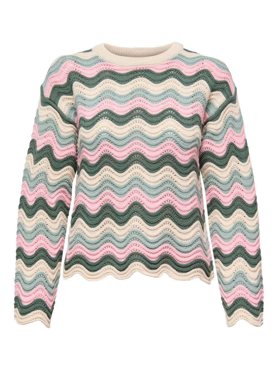 Crocheted sweater with long sleeves featuring wavy stripes in cream, pink, green, and light blue tones.