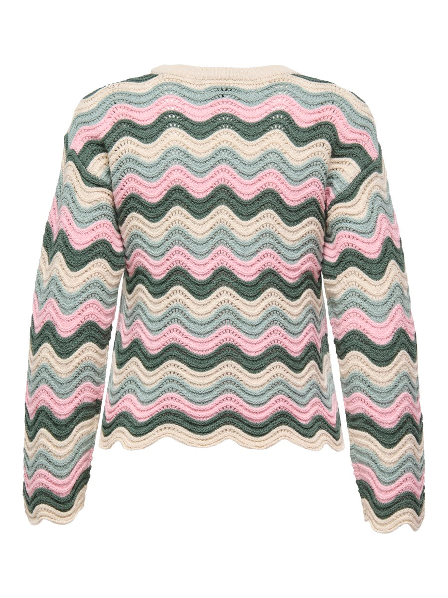 Knitted sweater with wavy stripes in cream, pink, green, and blue tones shown from the back.