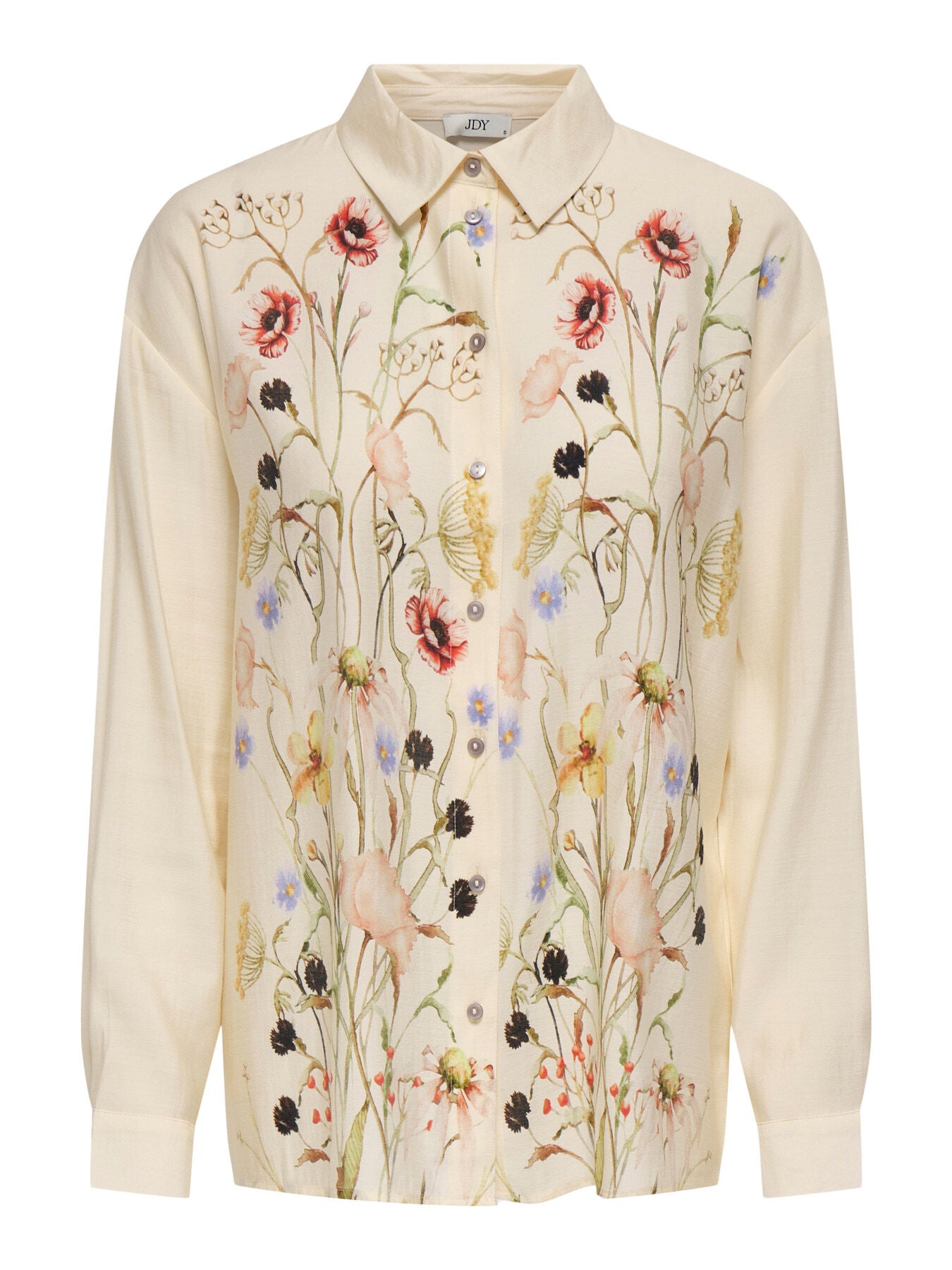 Jacqueline De Yong Flower Blouse in off-white with multicolored floral print, long sleeves, and button closure by Jacqueline De Yong.