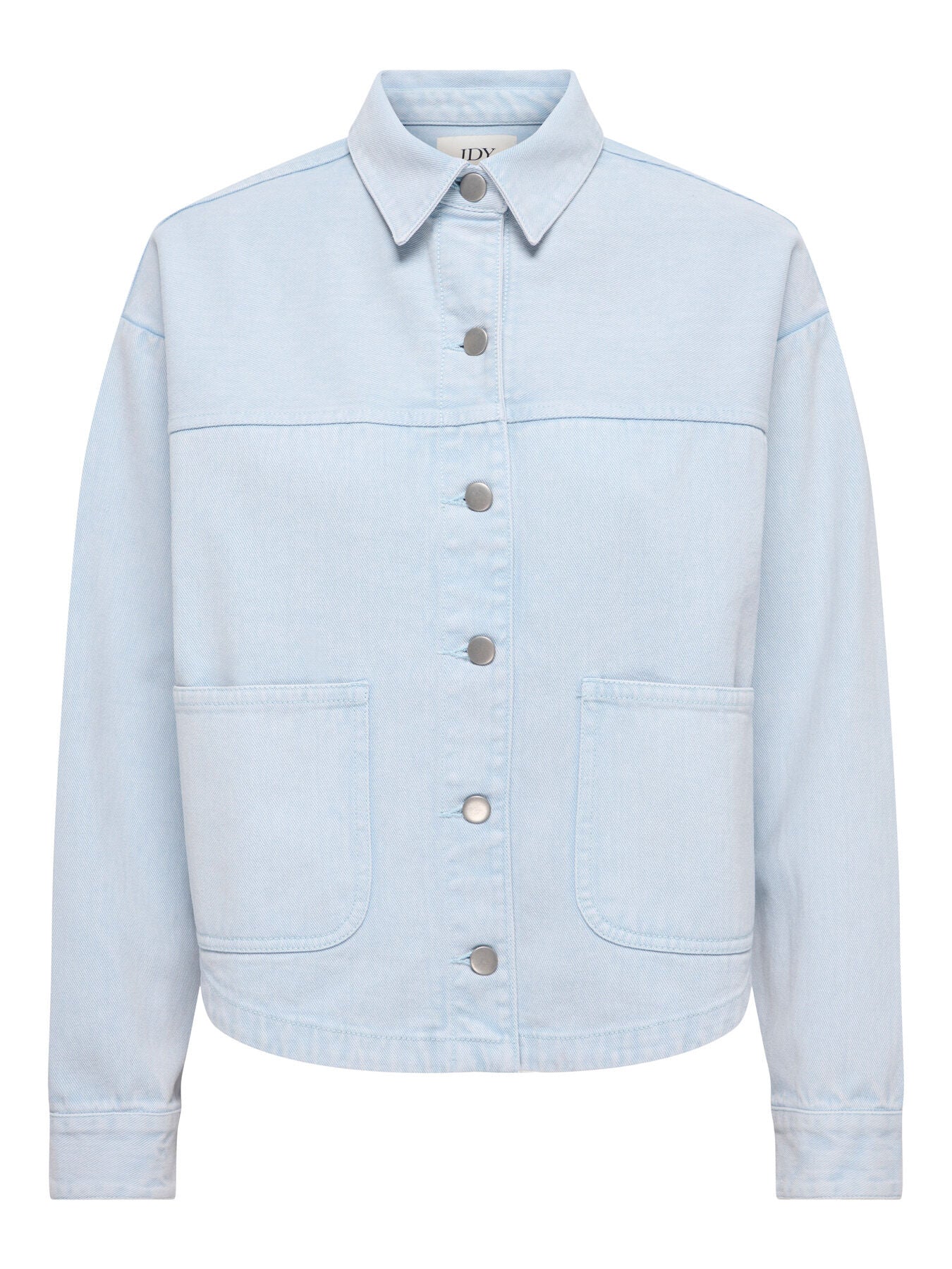 Jacqueline De Yong Noma Long Sleeve Shacket in light blue with button front and patch pockets by Jacqueline De Yong