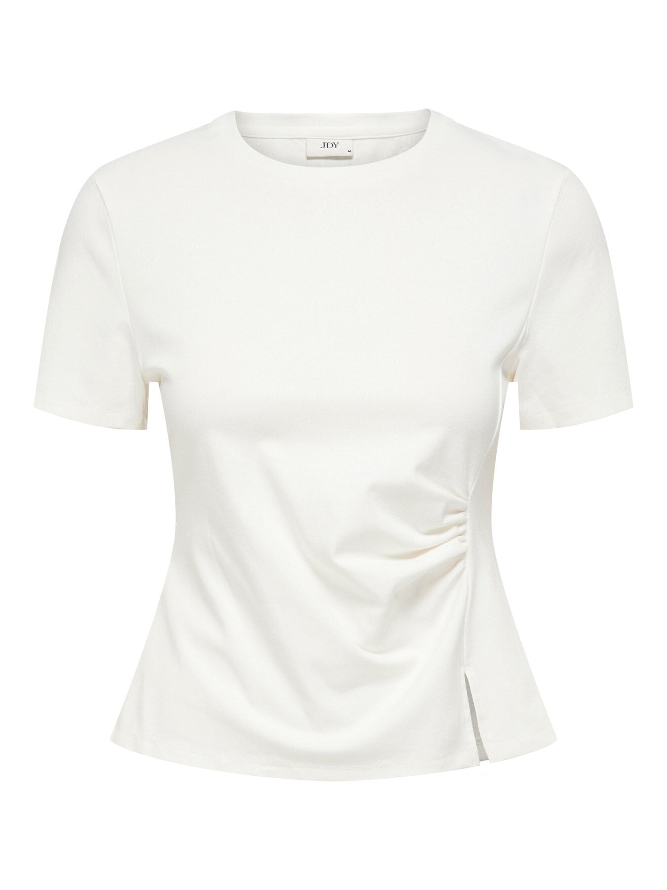 Jacqueline De Yong Tessa Detailed Top in white with short sleeves, subtle side ruching, and a small side slit by Jacqueline De Yong.