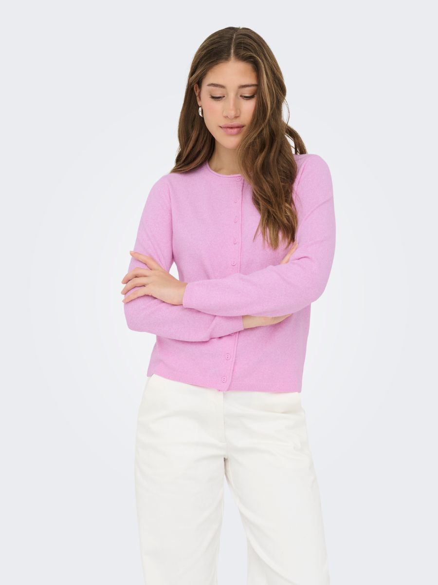 Soft pink knit sweater paired with white pants, styled by Only, the ONLY Loyal Life Button Front Knit Cardigan