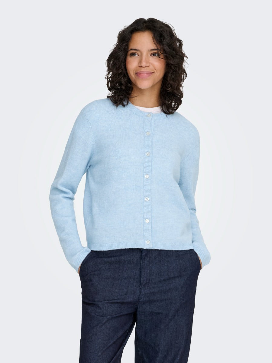 Light blue knit cardigan with buttons styled with dark pants from Only, named ONLY Simoni Soft Knit Crew Neck Cardigan