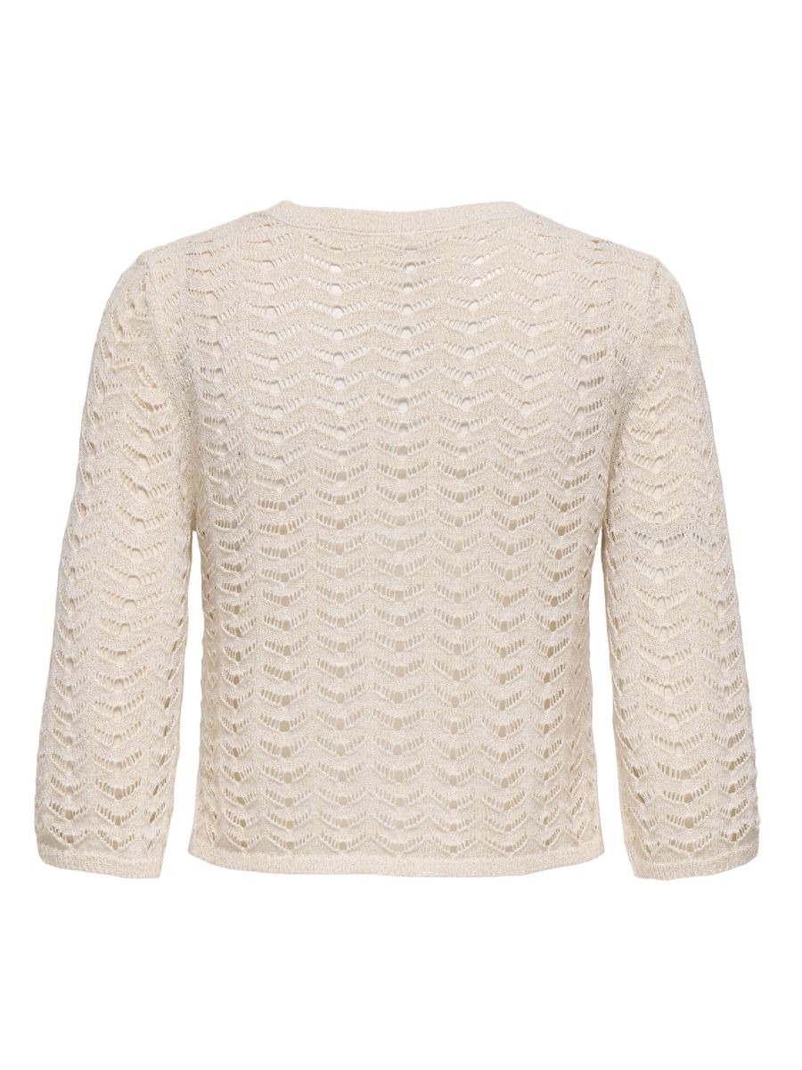 Cream-colored crochet knit top with long sleeves, ONLY Sunny Crochet Long Sleeve Top by Only, lightweight sweater.