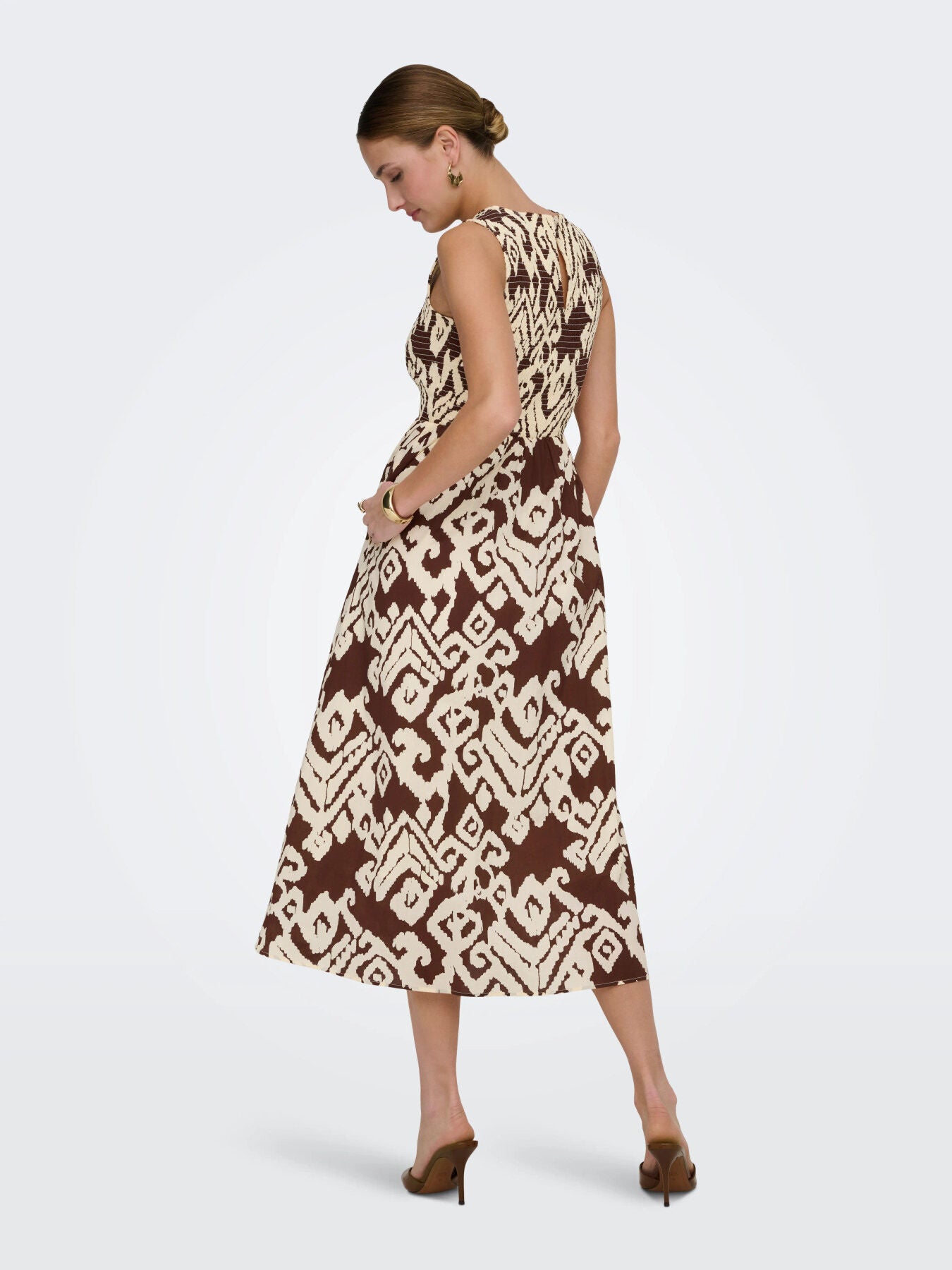 Jacqueline De Yong Diego Smocked Midi Dress in brown and cream with abstract pattern by Jacqueline De Yong