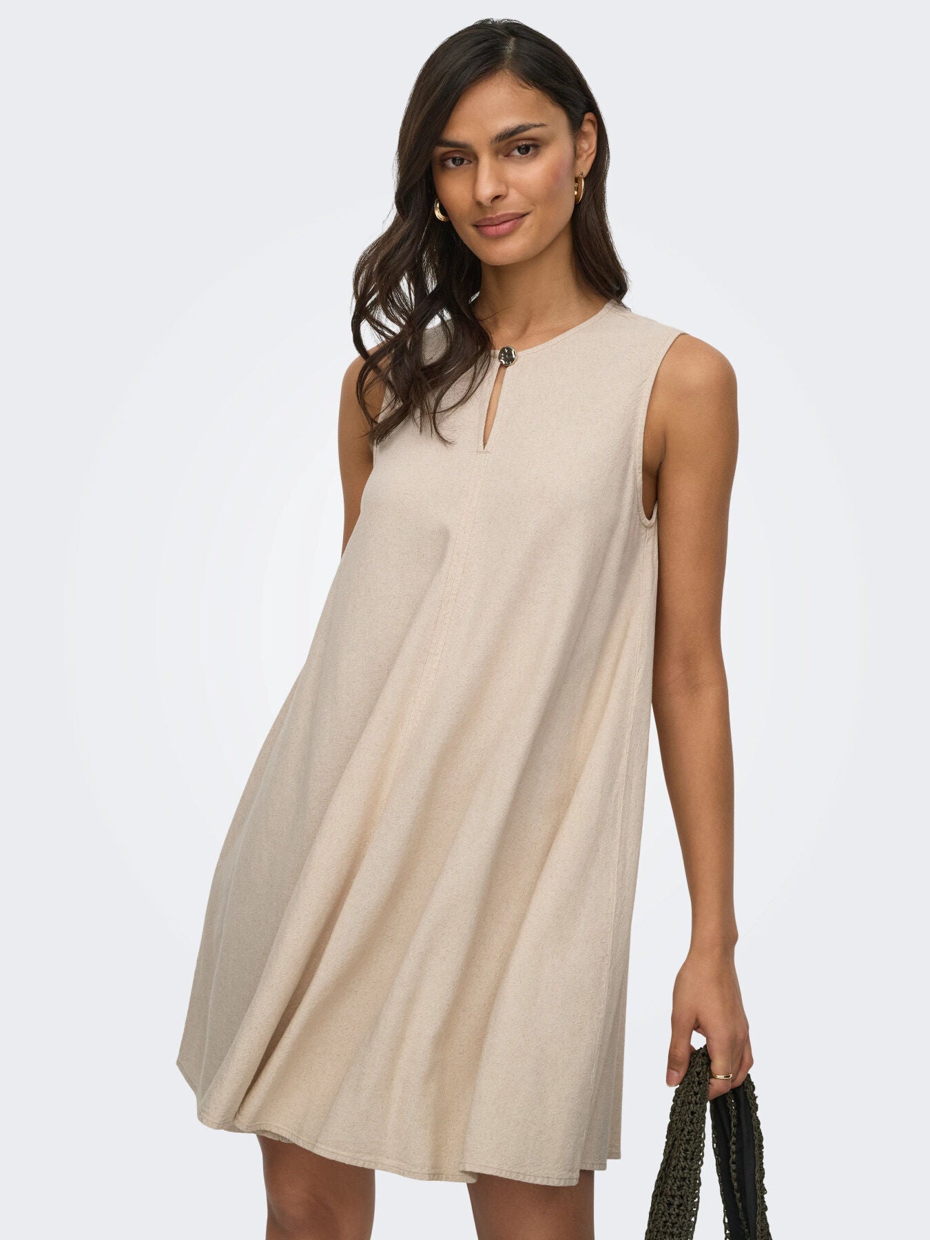 Sleeveless oatmeal linen dress with a keyhole neckline and button detail, Jacqueline De Yong Linen Dress by Jacqueline De Yong