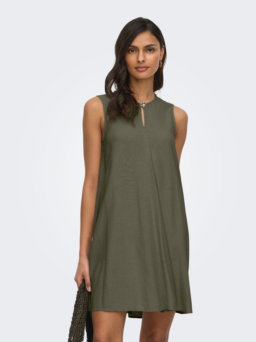 Olive sleeveless Jacqueline De Yong Linen Dress with keyhole neckline and relaxed fit by Jacqueline De Yong