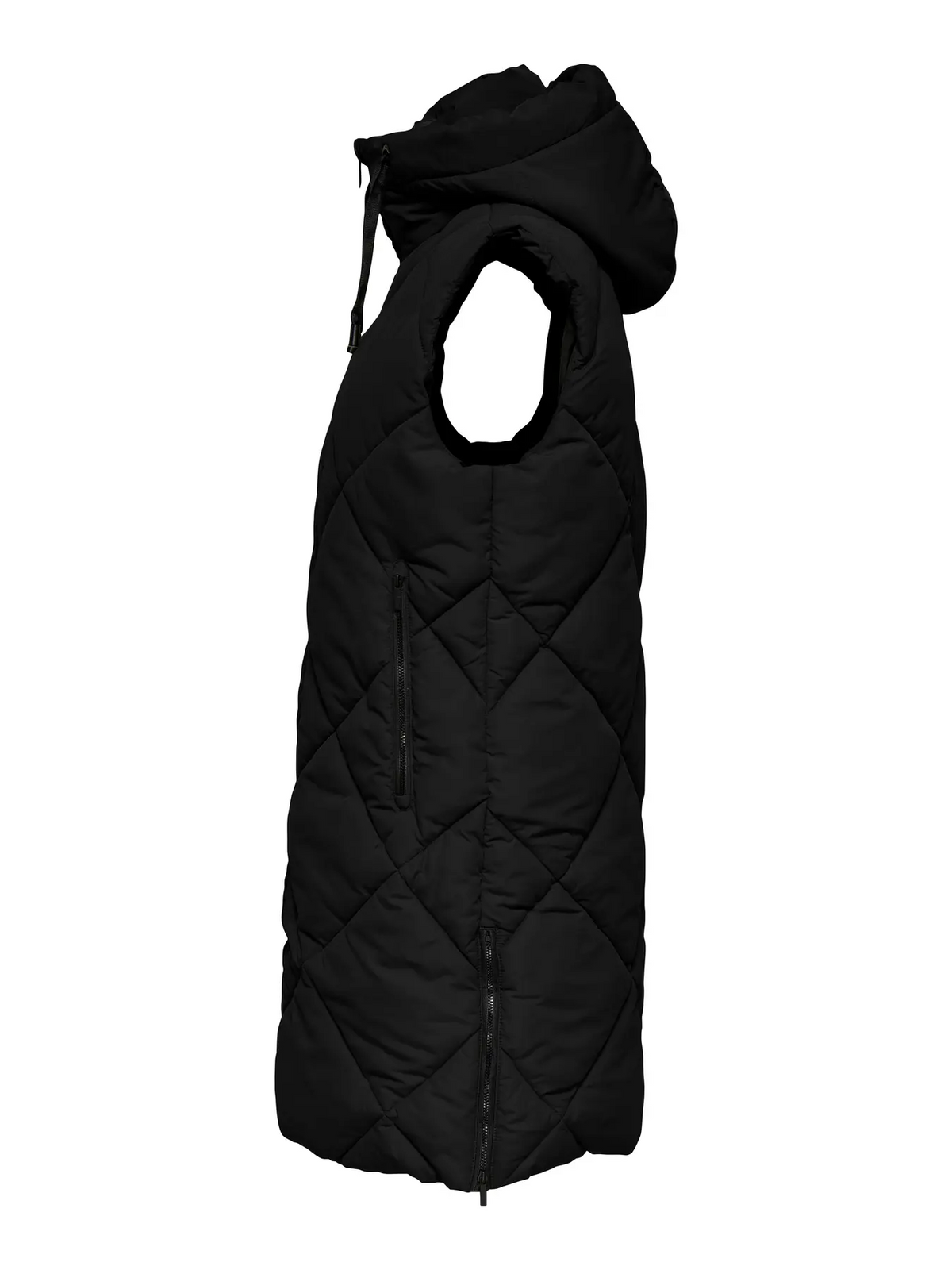 Black quilted sleeveless long puffer vest with a hood and zippered pockets on a white background.