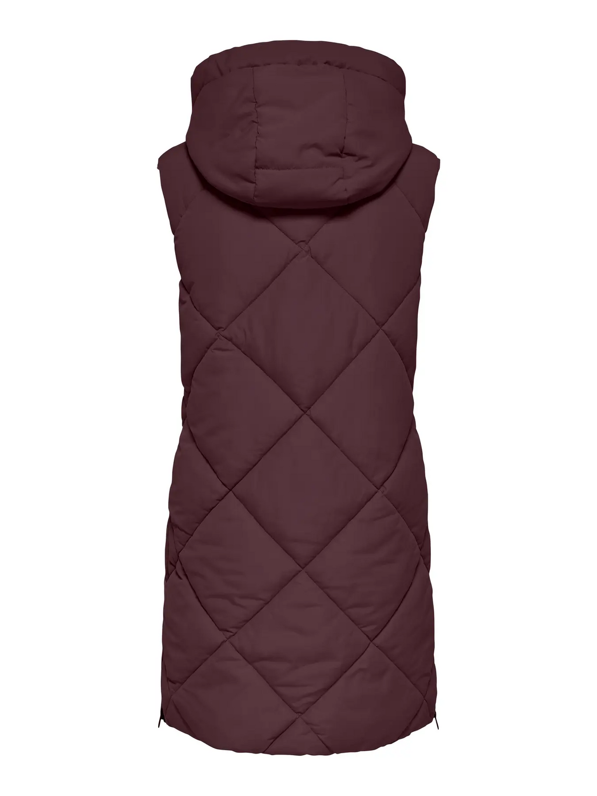 Long sleeveless quilted outerwear vest in deep brown with a hood and diamond stitching pattern.