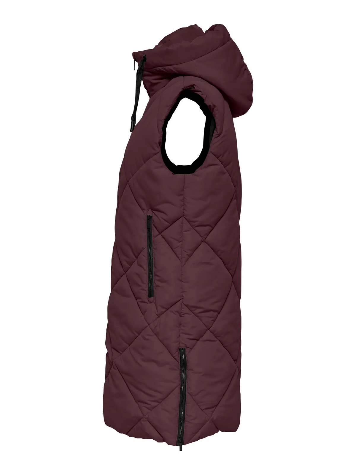 Long brown quilted sleeveless jacket with hood and vertical zipper pockets on white background