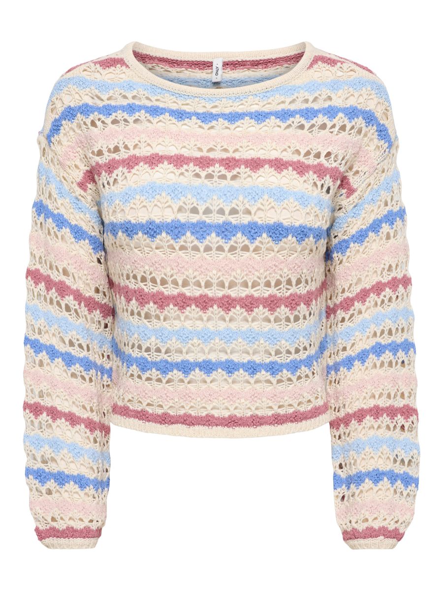 ONLY Geena Striped Open-Knit Crewneck Sweater