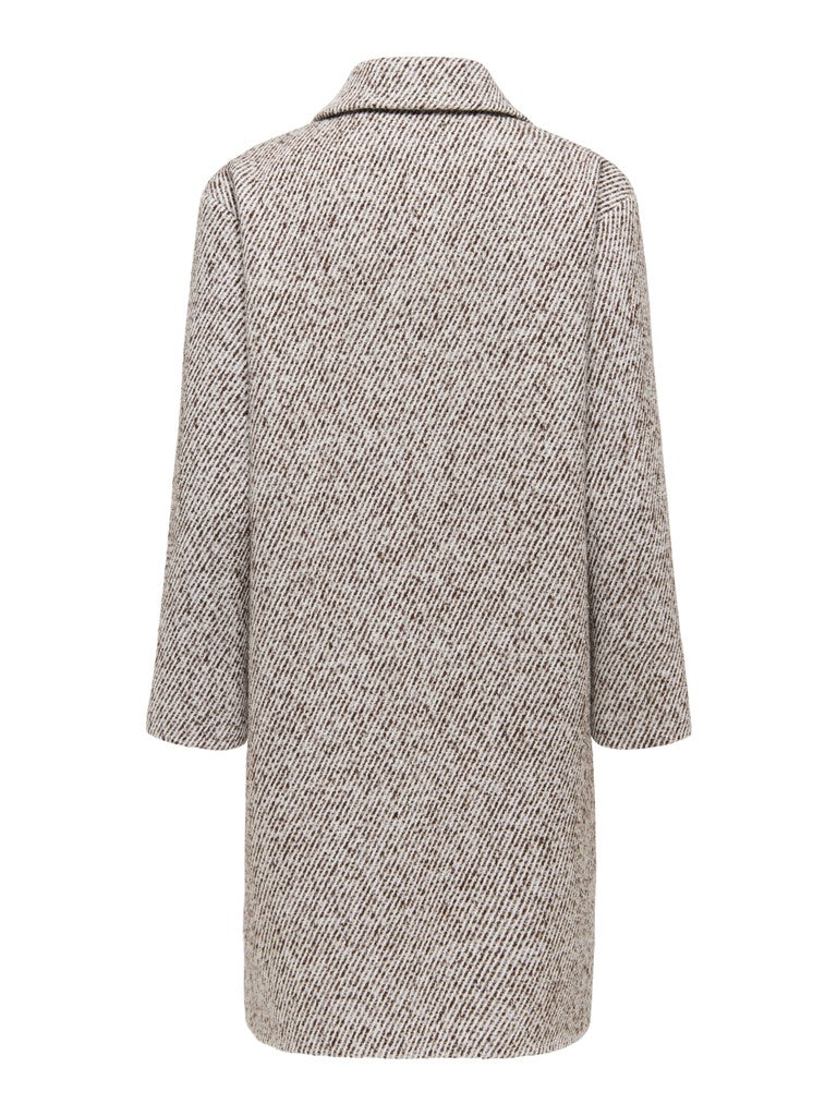 Back view of a textured beige long coat with a high collar and long sleeves
