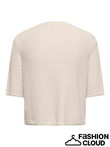 Beige short-sleeve textured top shown from the back with a relaxed, boxy fit and simple neckline.