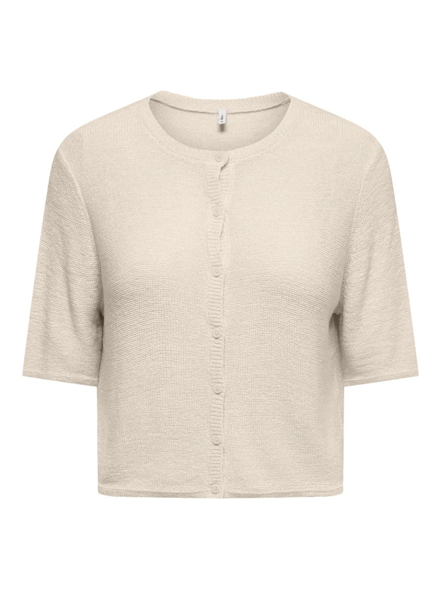 ONLY Sunny Short Sleeve Button Cardigan by Only in beige textured knit, with round neck and front buttons, short sleeves sweater top.