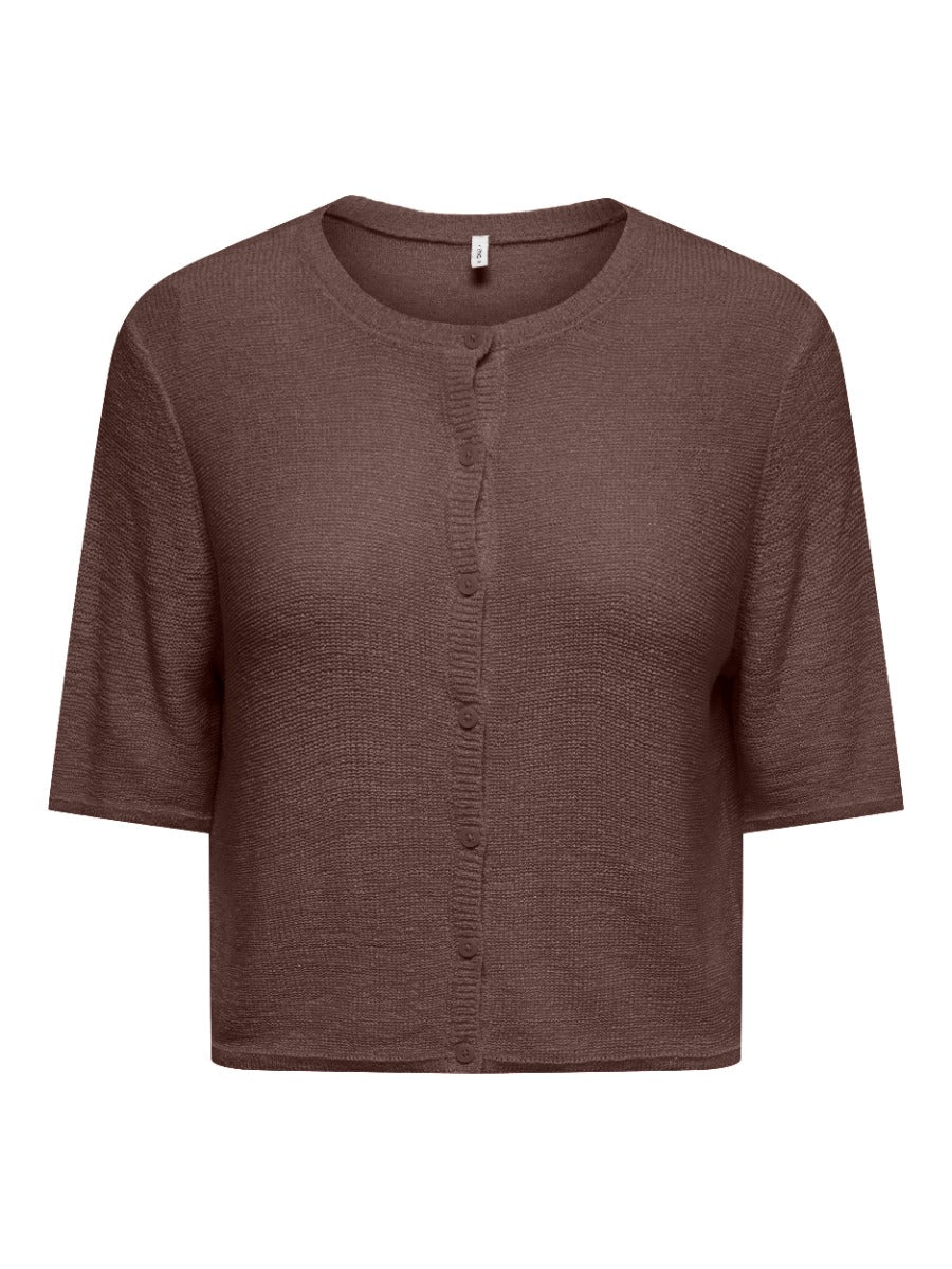 ONLY Sunny Short Sleeve Button Cardigan by Only, brown textured knit sweater with buttons and round neckline