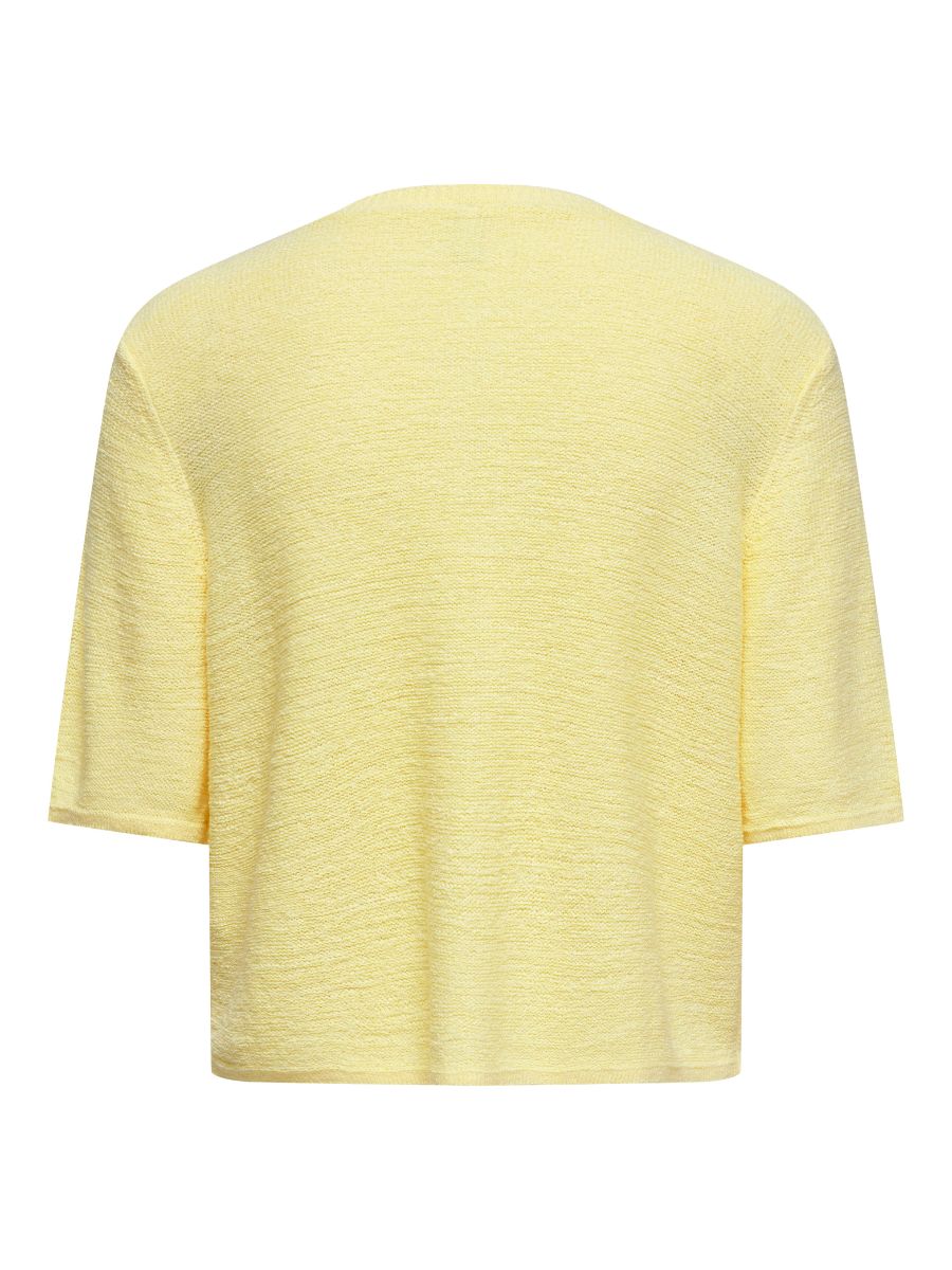 Light yellow textured short sleeve top shown from the back with a round neckline and relaxed fit.