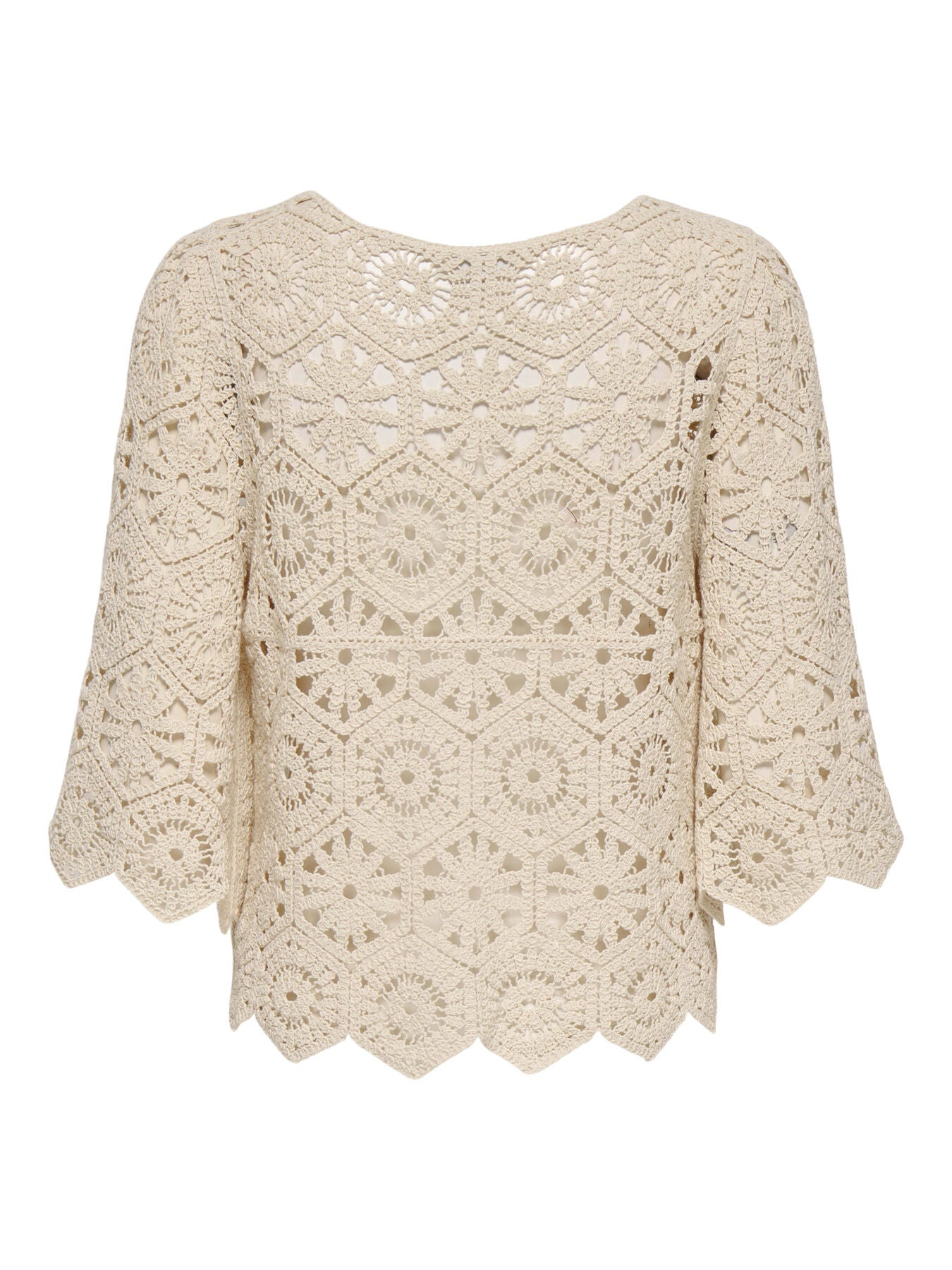 Jacqueline De Yong Crochet ½ Sleeve Cardigan in beige with intricate floral crochet pattern by Jacqueline De Yong