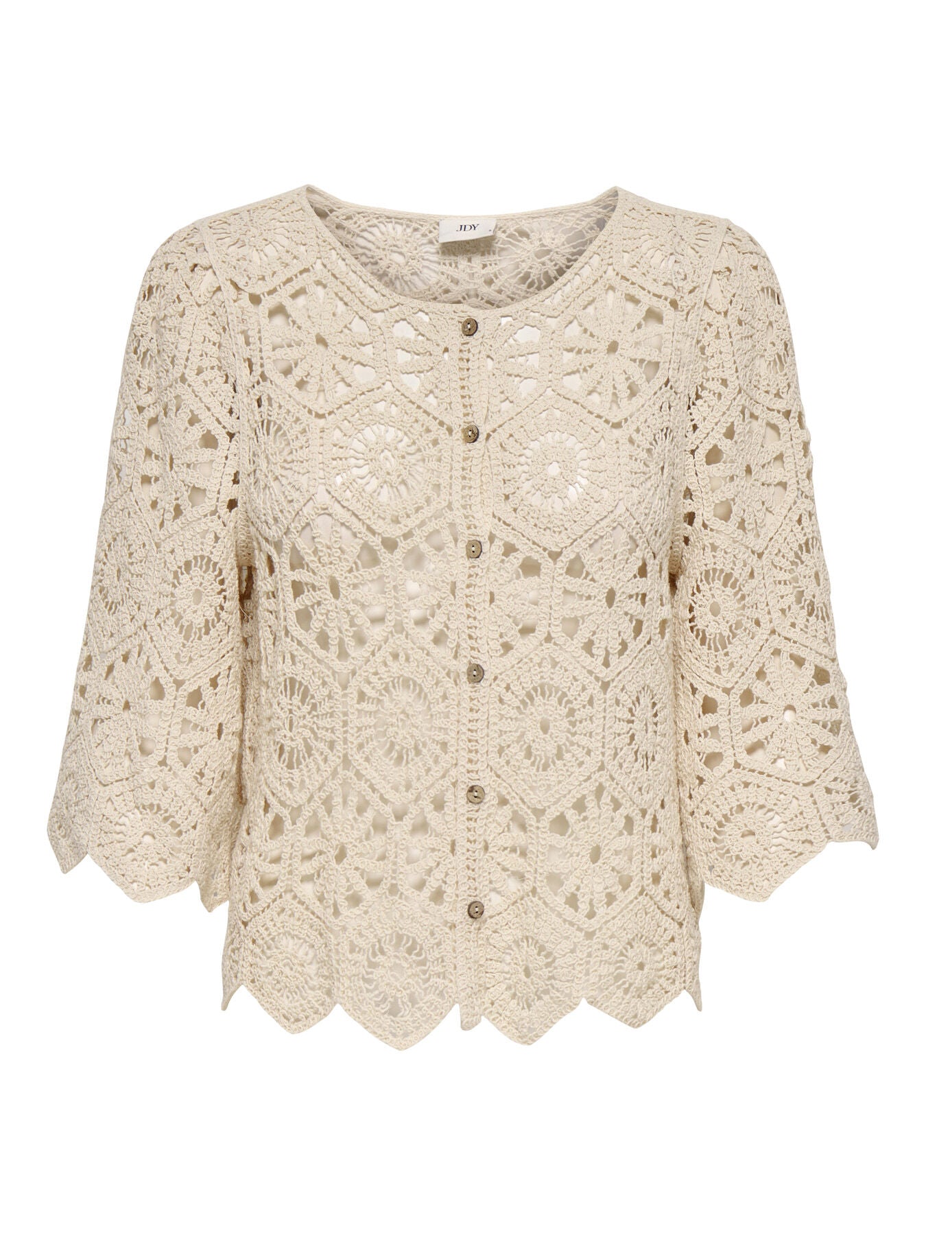 Jacqueline De Yong Crochet ½ Sleeve Cardigan in beige crochet lace design with scalloped edges by Jacqueline De Yong.