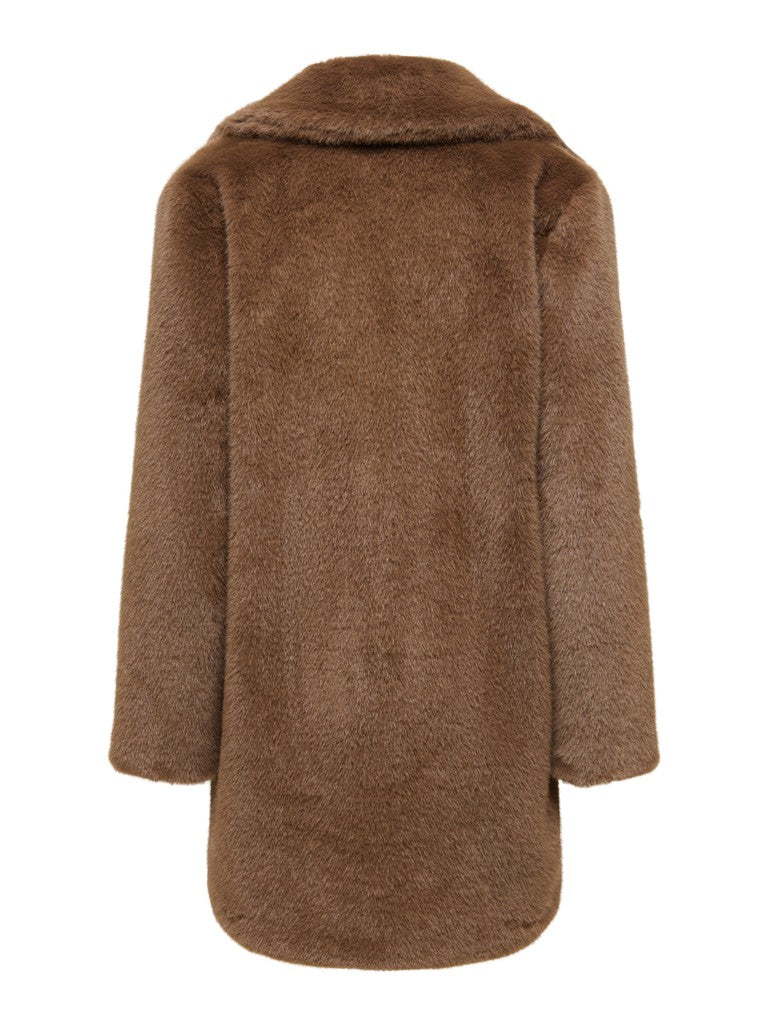 Back view of a brown plush coat with long sleeves and a rounded hem