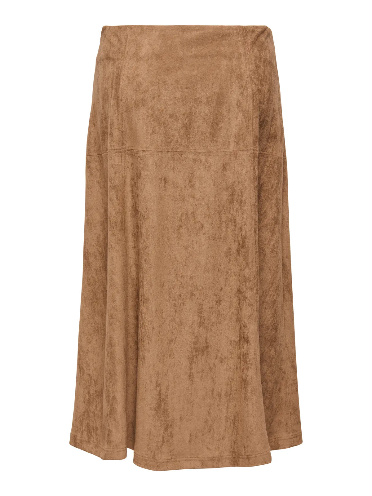 Brown suede knee-length skirt with slight flared silhouette and subtle seam detailing across the front.