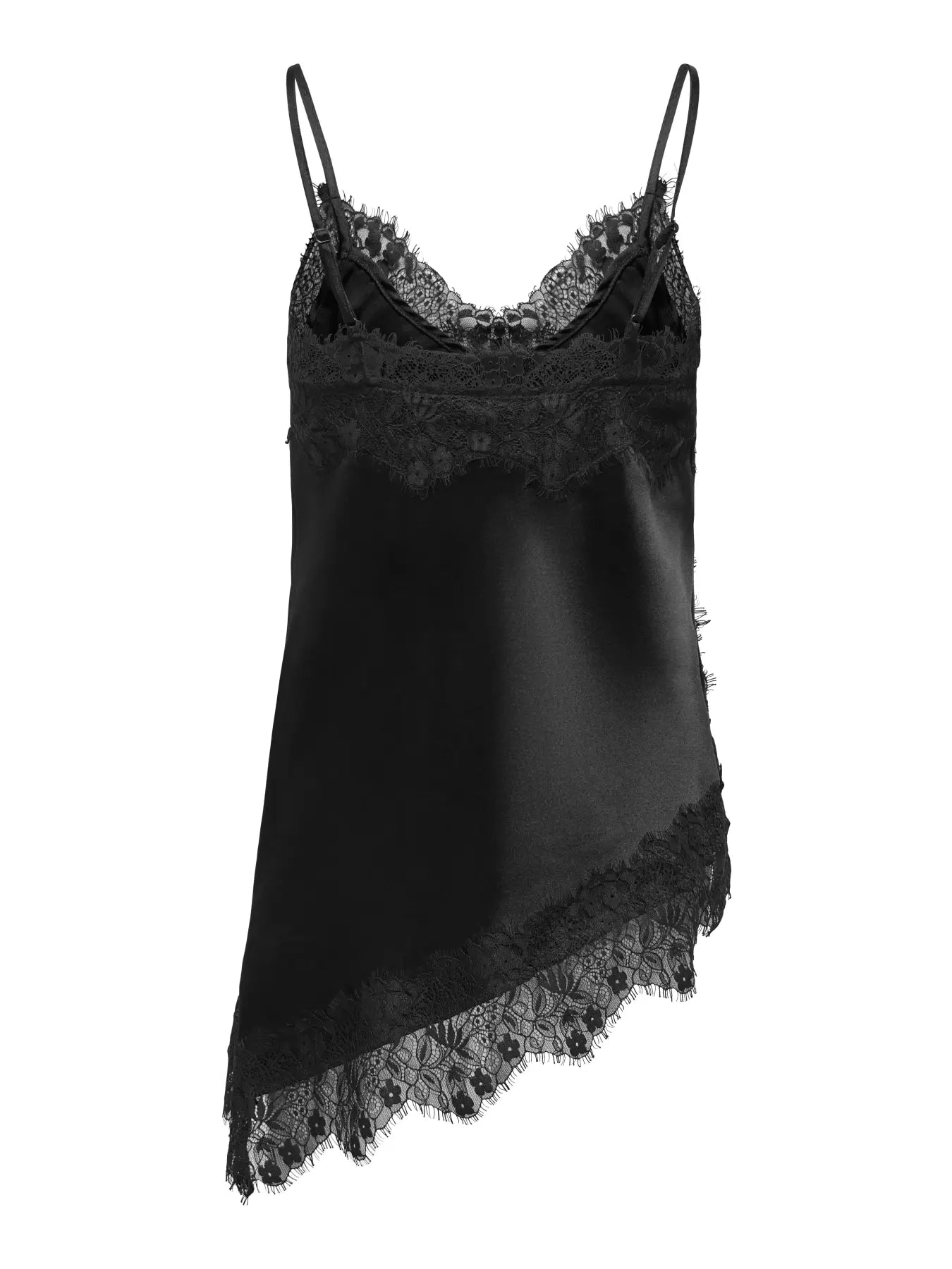 Black satin camisole with lace trim and asymmetrical hemline on a white background