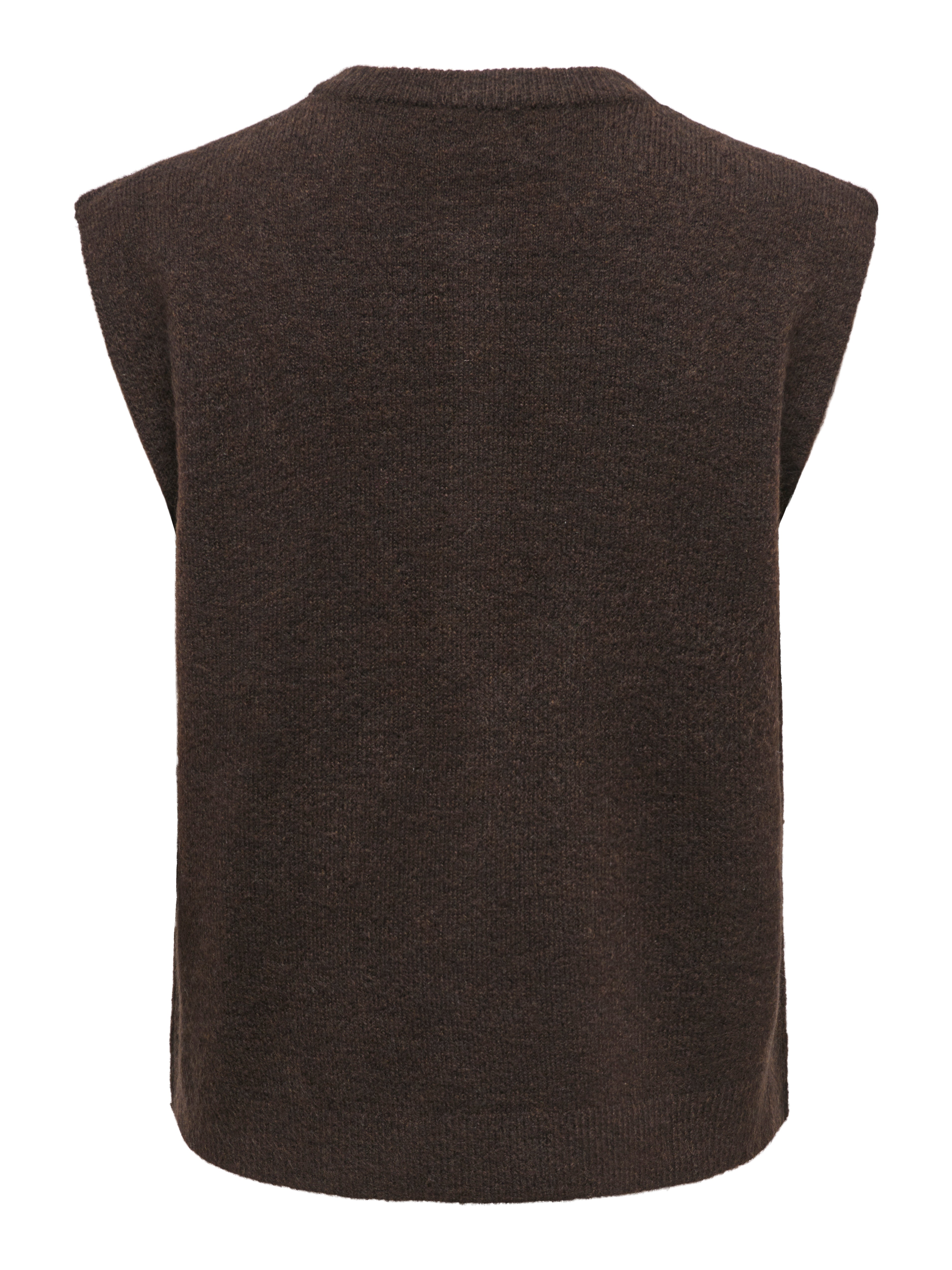 Dark brown knitted sleeveless sweater vest with a classic round neckline and straight hem.