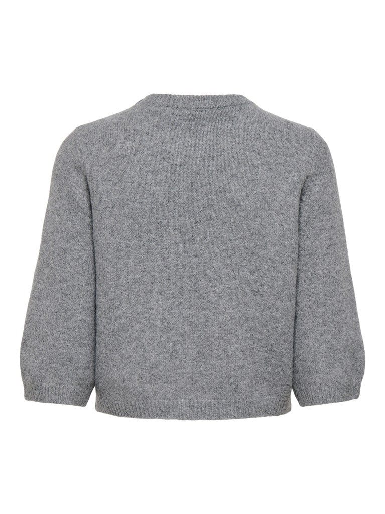 Gray knit sweater with a high neckline and long sleeves on a white background