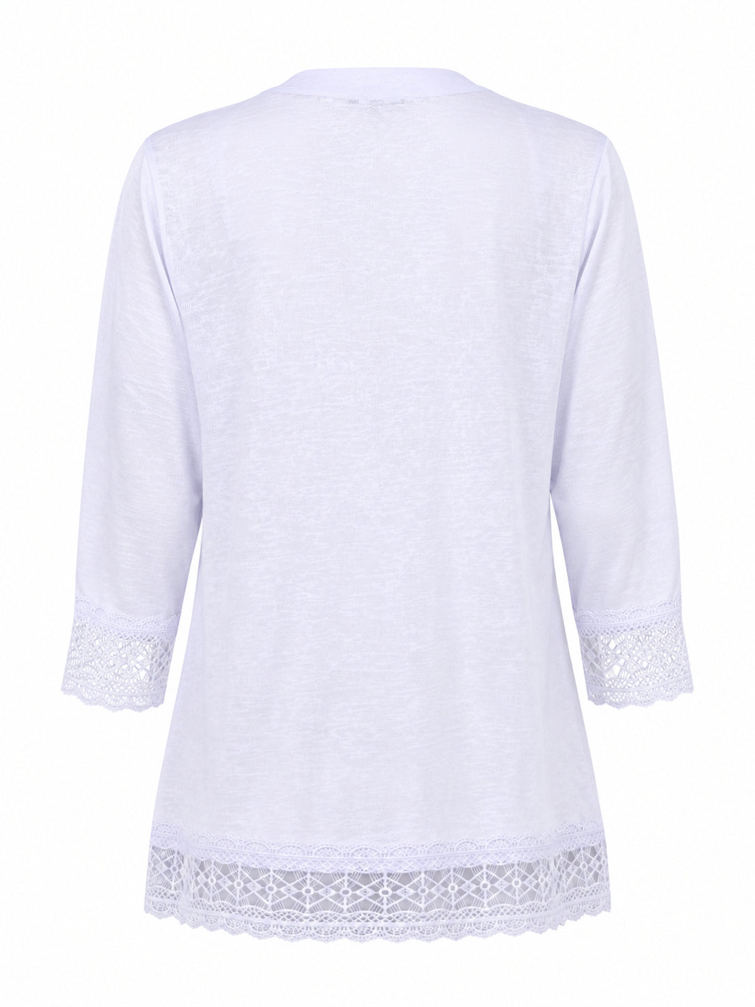 Lace Ladder 3/4 Sleeve Slub Cardigan by Nulook Fashions in white with lace trim on sleeves and hem, a sweater outerwear piece.