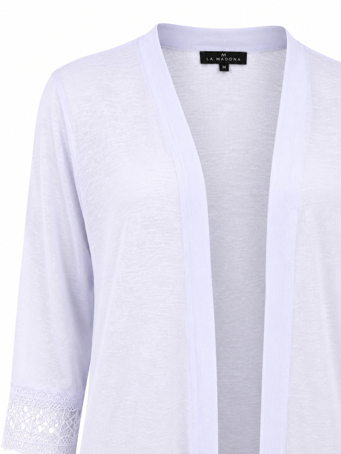 White open-front cardigan with lace detail on the sleeves and a visible brand label inside the neckline