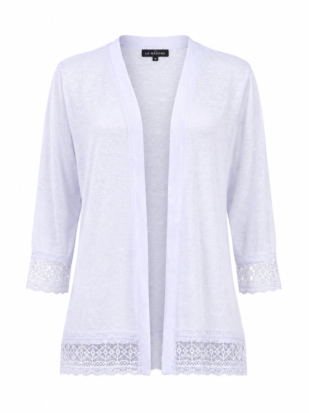 Lace Ladder 3/4 Sleeve Slub Cardigan in white with lace trim, a lightweight sweater by Nulook Fashions.