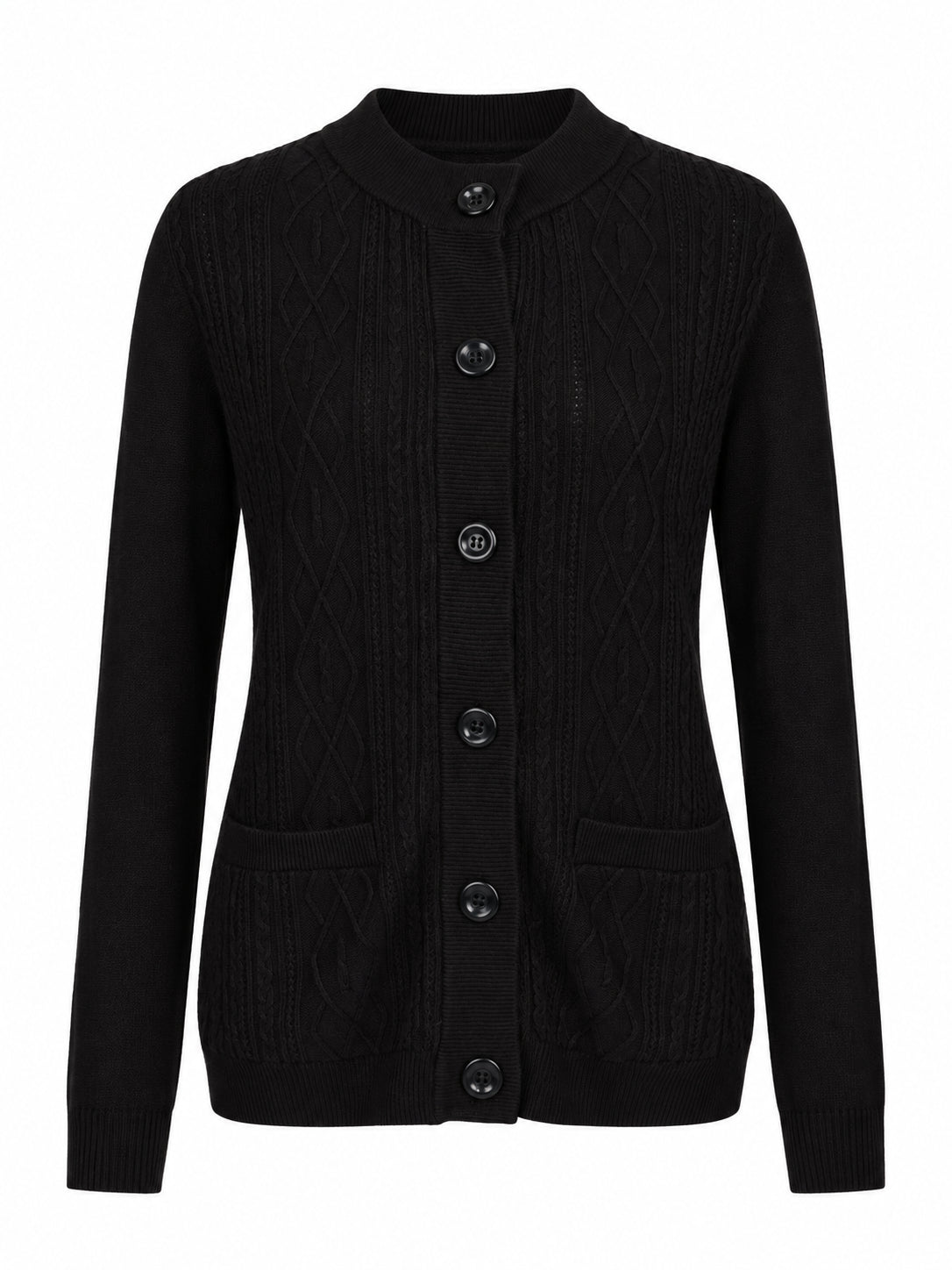 Nulook Fashions Cable Knit Button Pocket Crew Neck Cardigan in black with cable knit texture and button pockets