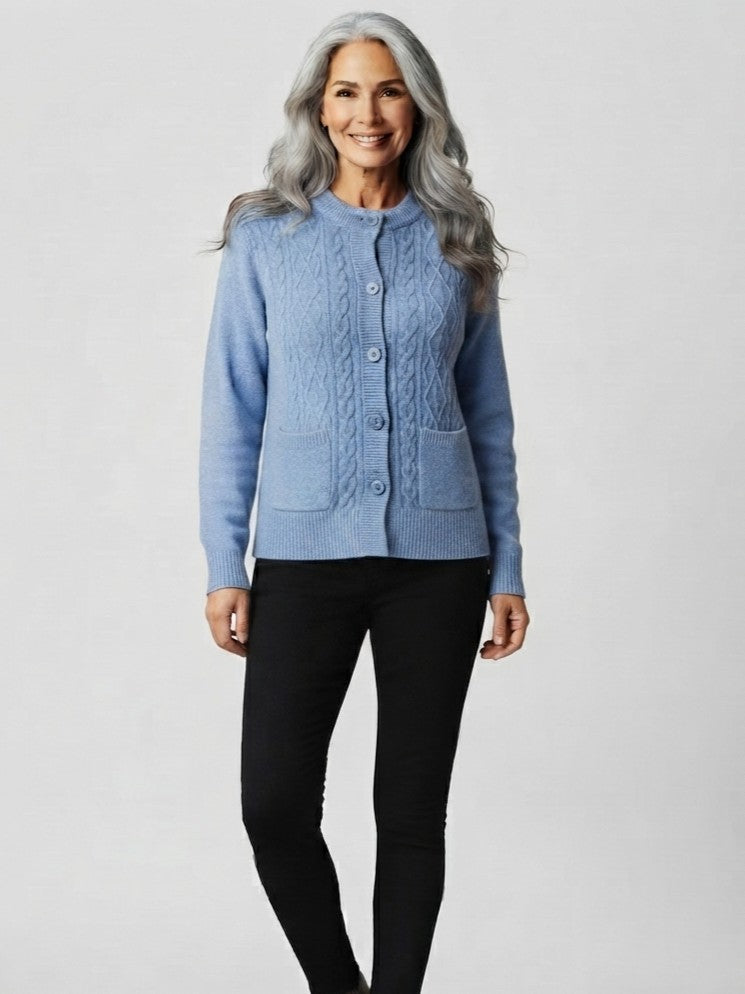 Cable Knit Button Pocket Crew Neck Cardigan by Nulook Fashions in blue with cable knit texture and front pockets
