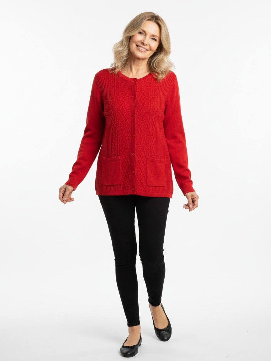 Tiny Cable Knit Pocket Crew Neck Cardigan