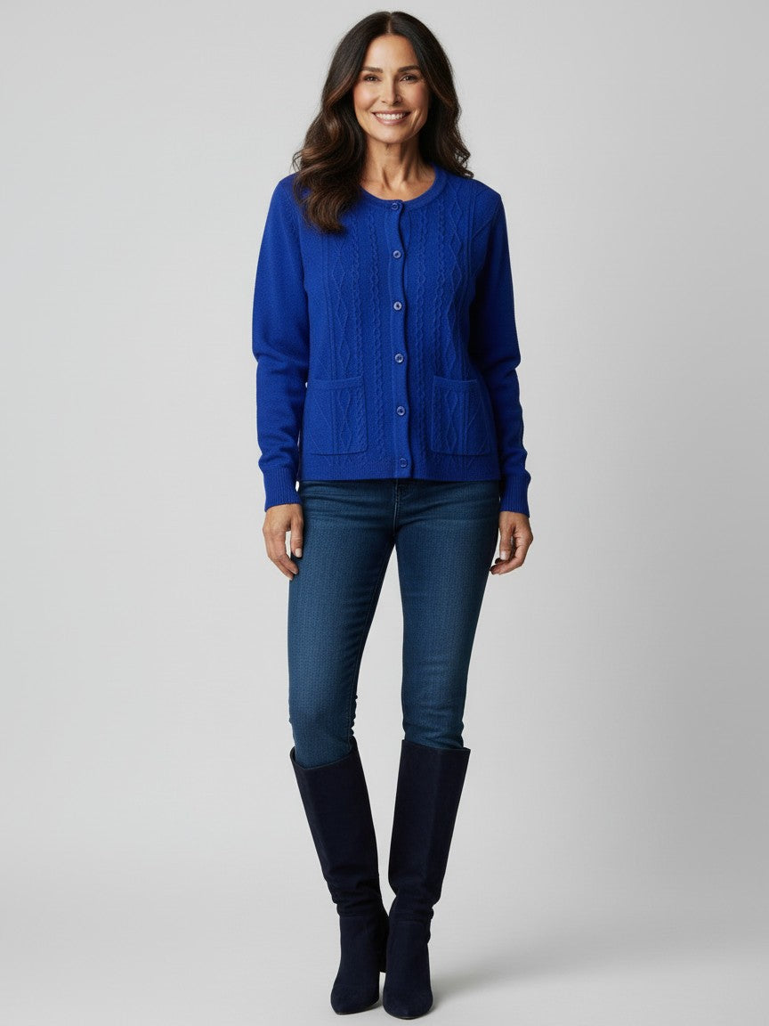 Tiny Cable Knit Pocket Crew Neck Cardigan