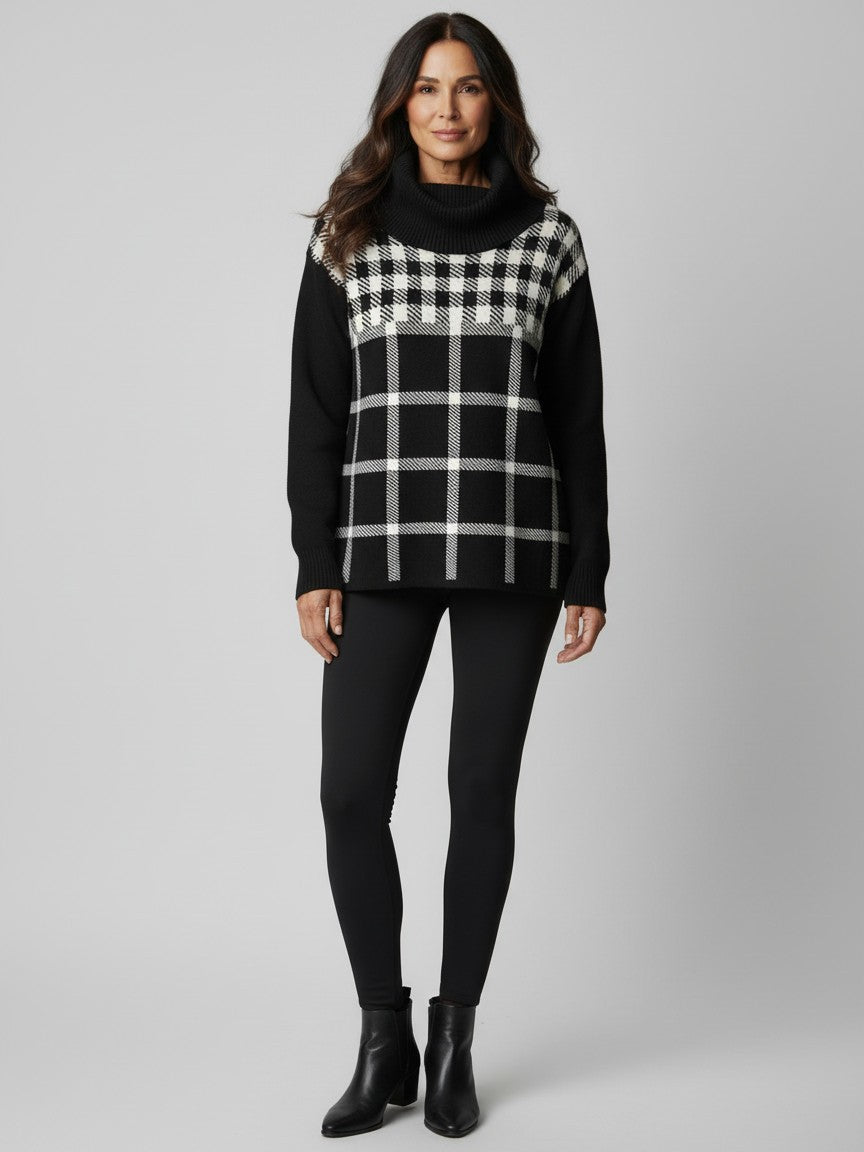 Double Check Grid Cowl Neck Sweater