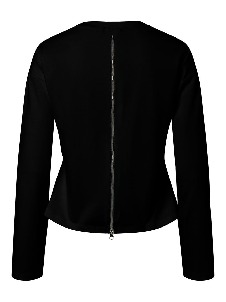 Black long sleeve Amy Back Zip Long Sleeve Top by Pieces with visible back zipper detail, modern fit and sleek design.