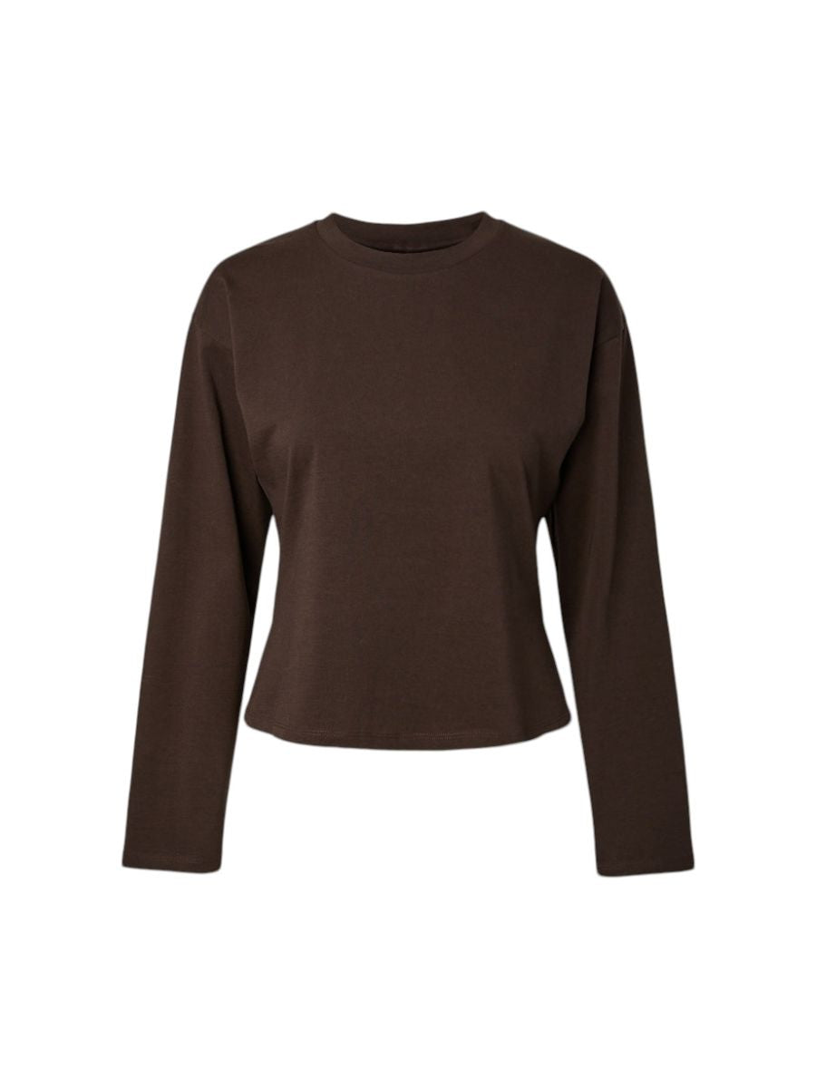 Brown long sleeve top with back zip, simple design, Amy Back Zip Long Sleeve Top by Pieces.