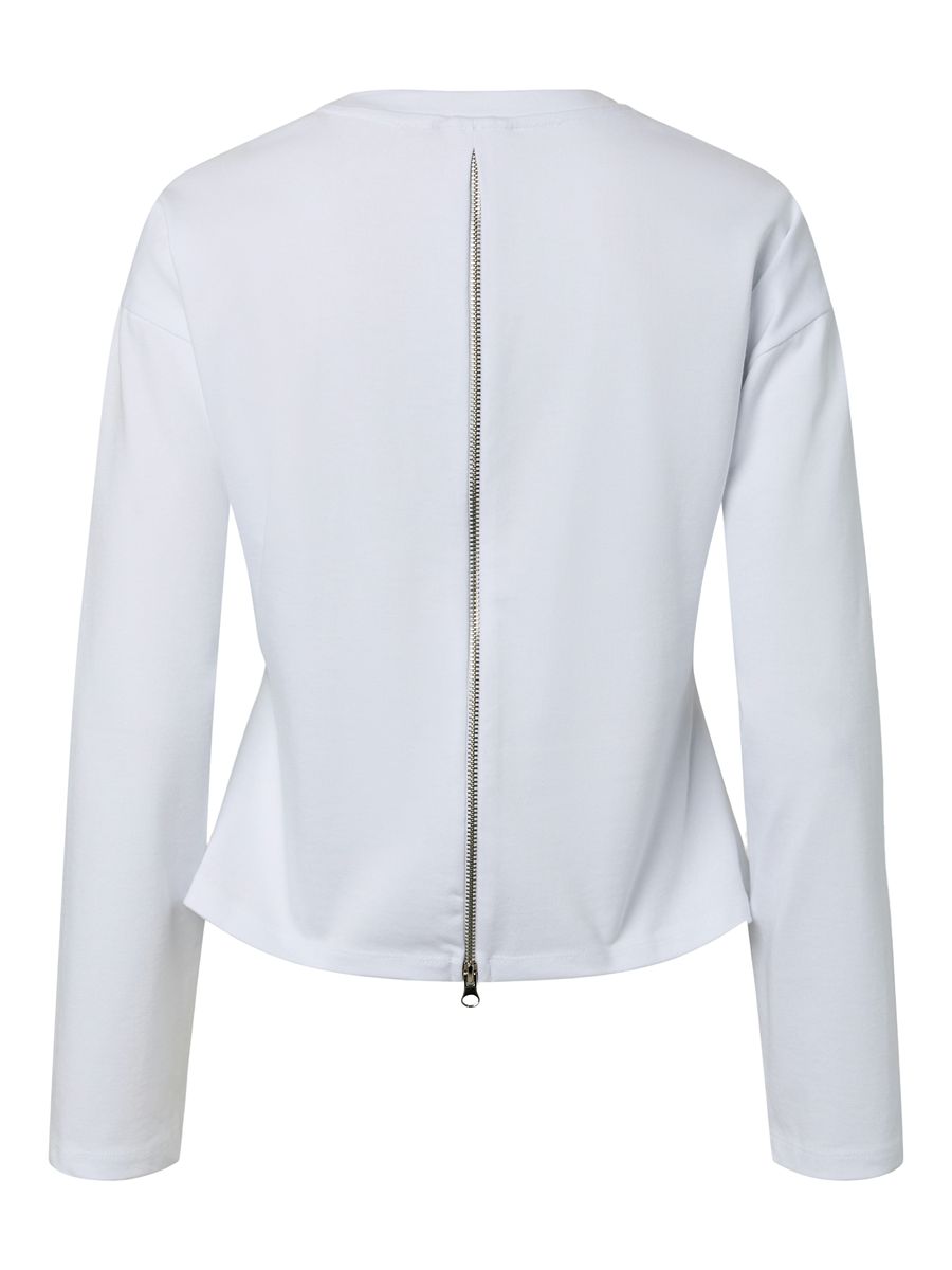 Amy Back Zip Long Sleeve Top in white by Pieces with long sleeves and exposed back zipper detail.