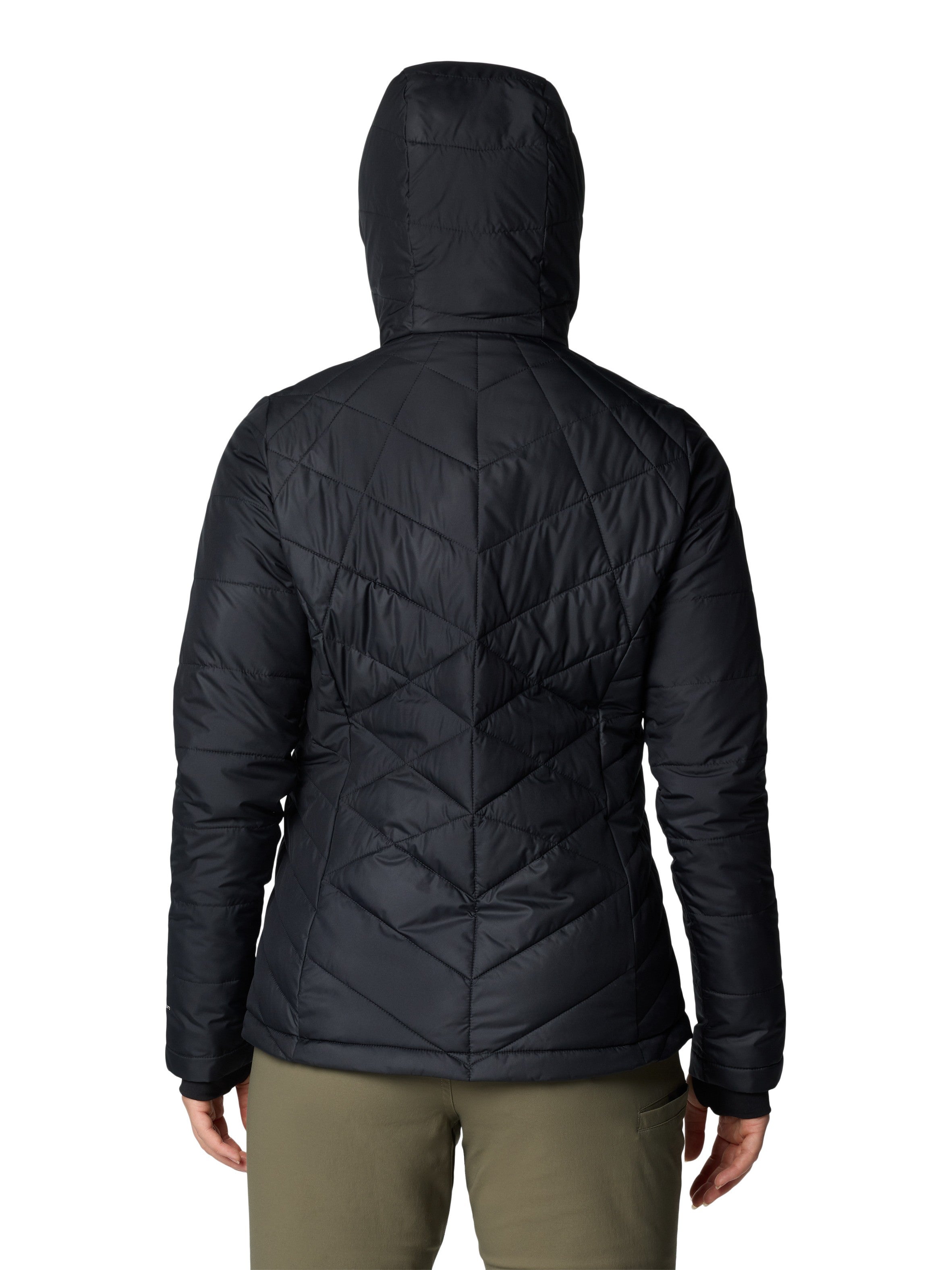 Back view of Columbia Heavenly Short Hooded Omni-Heat Jacket in black, lightweight quilted outerwear jacket.